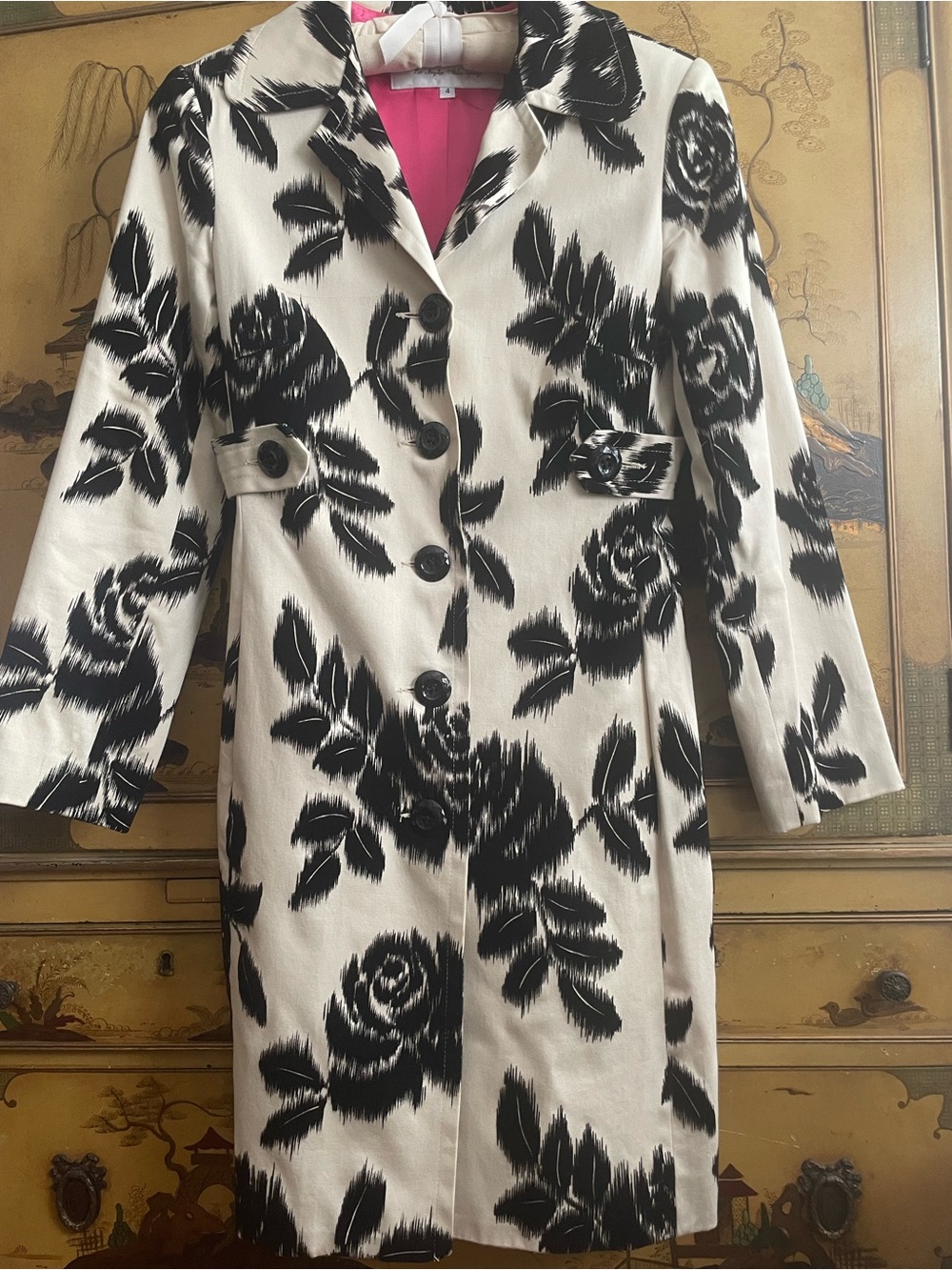 RARE TRINA TURK VTG Y2K BLACK & WHITE BRUSHED ROSE FLORAL JACKET 3/4 COAT 4 S